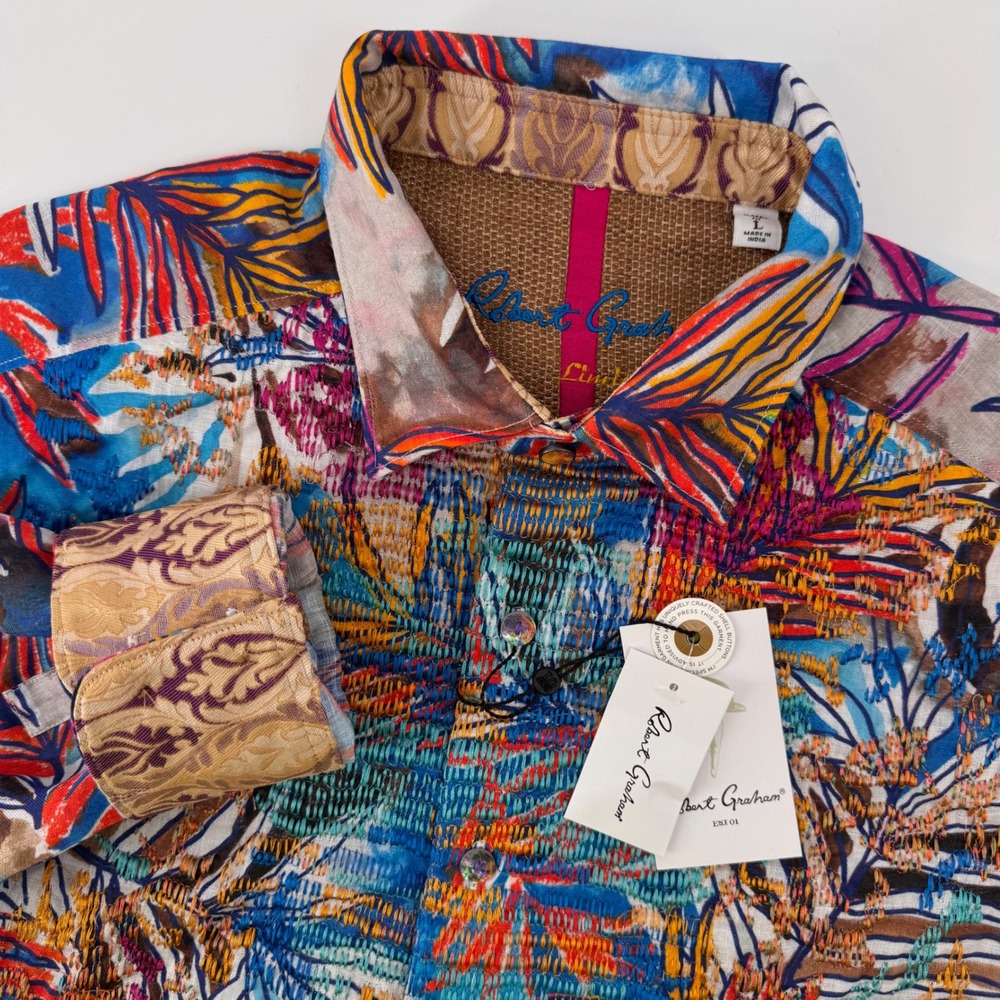 Robert Graham Button Down Mens L Multi Kingpin Louie Limited Edition Embroidered